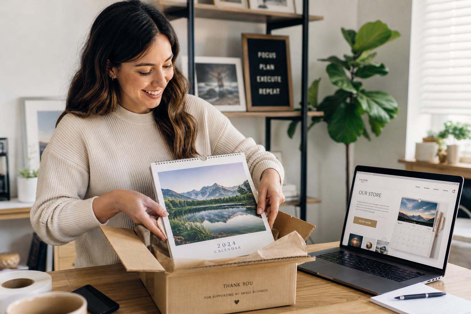 Seller packing a photo calendar order